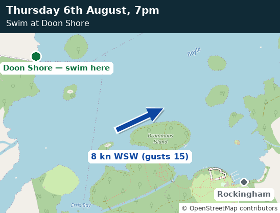 Map of Lough Key showing the wind at swim time and the recommended entry point