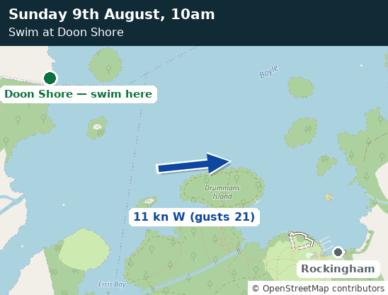 Map of Lough Key showing the wind at swim time and the recommended entry point