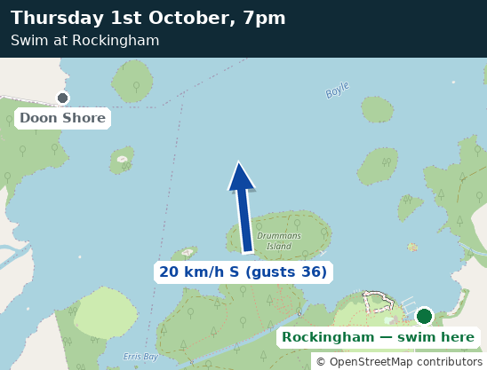 Map of Lough Key showing the wind at swim time and the recommended entry point