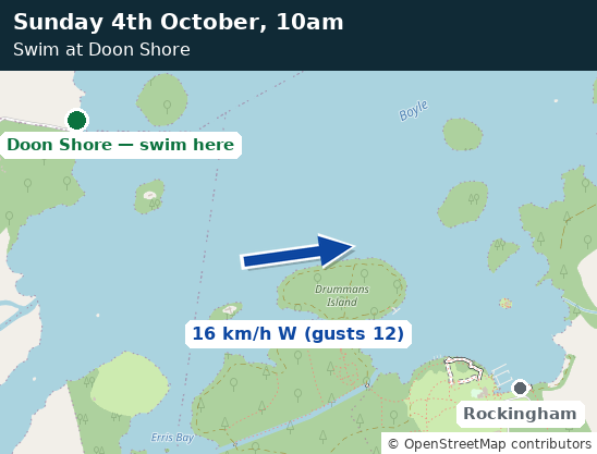 Map of Lough Key showing the wind at swim time and the recommended entry point