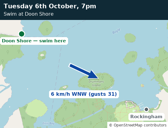 Map of Lough Key showing the wind at swim time and the recommended entry point